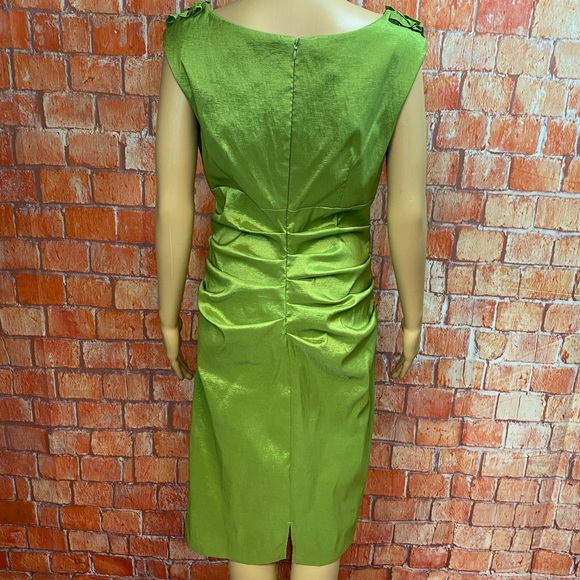 London Times Green Ruffled Flower Neckline Side-Ruched Dress - Picture 5 of 11